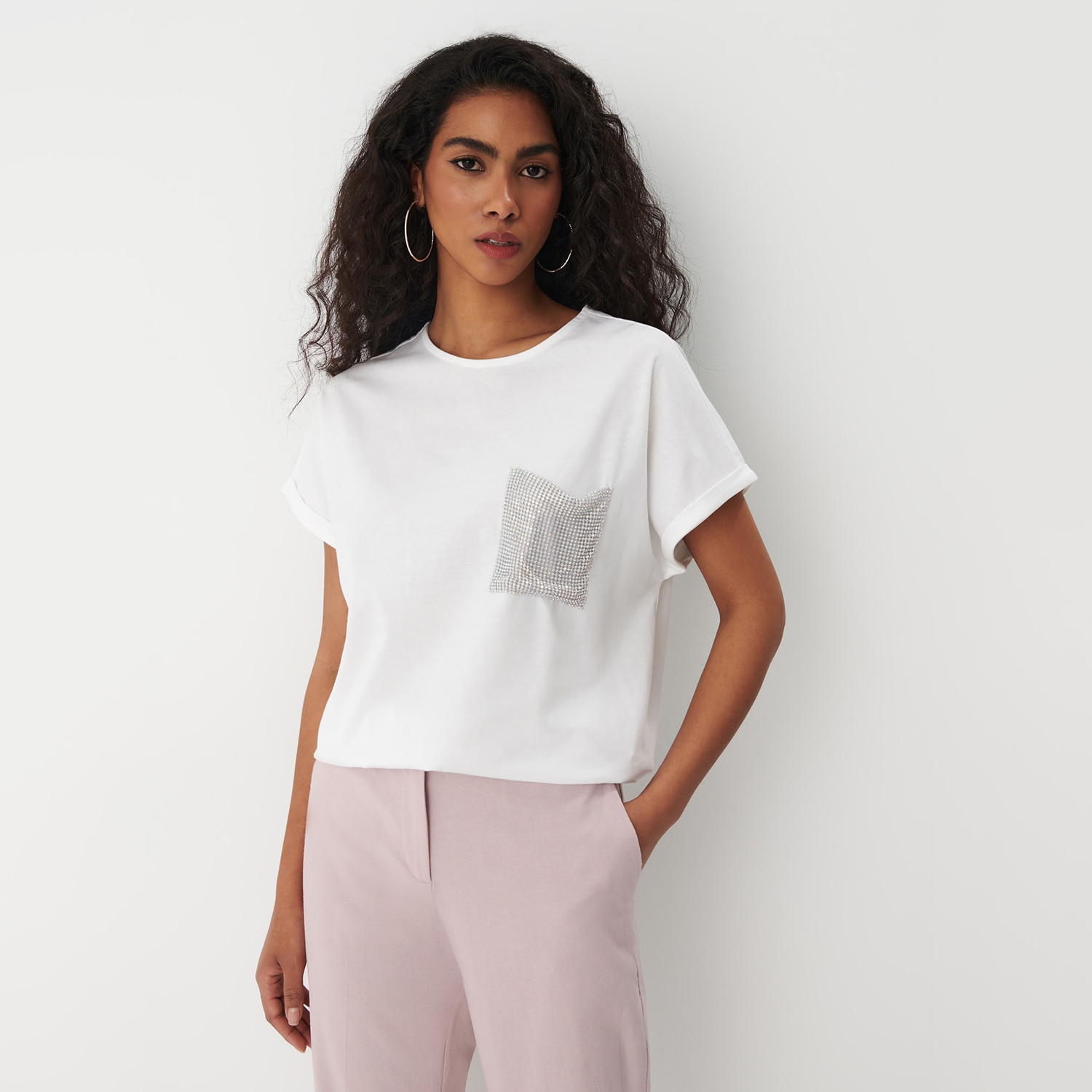 Mohito - tricou cu buzunar cu paiete - alb