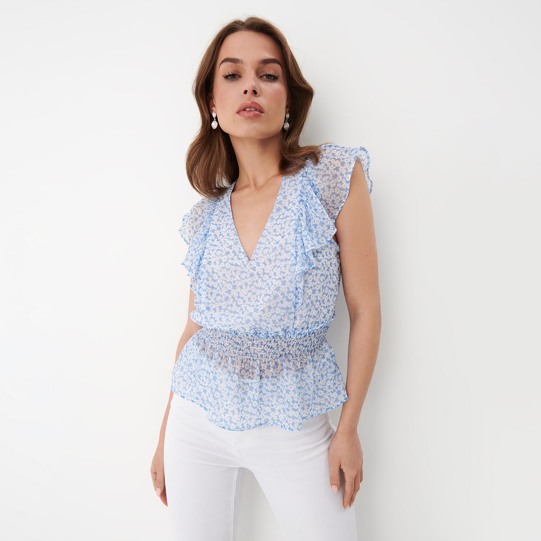 Mohito - bluză cu model floral și volane - albastru