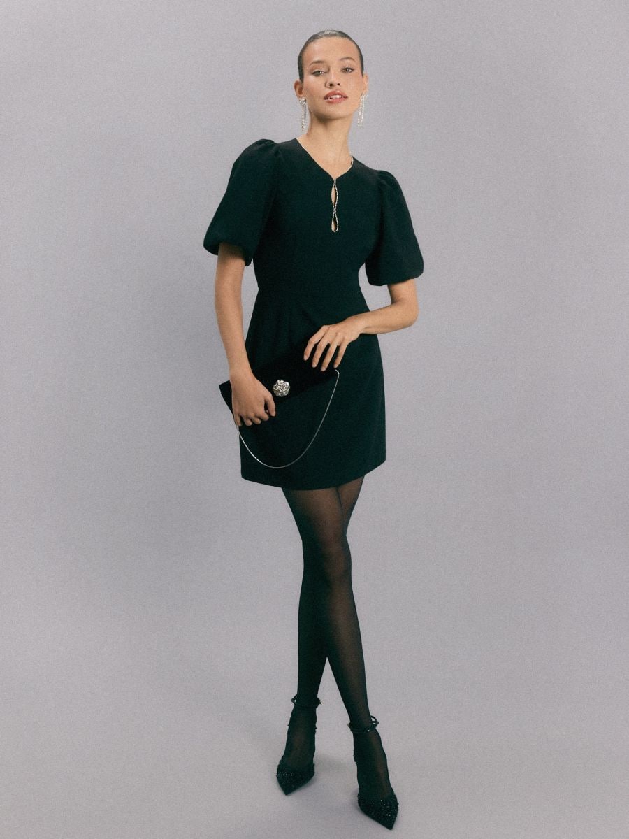 Rochie mini cu mâneci bufante - Negru - MOHITO