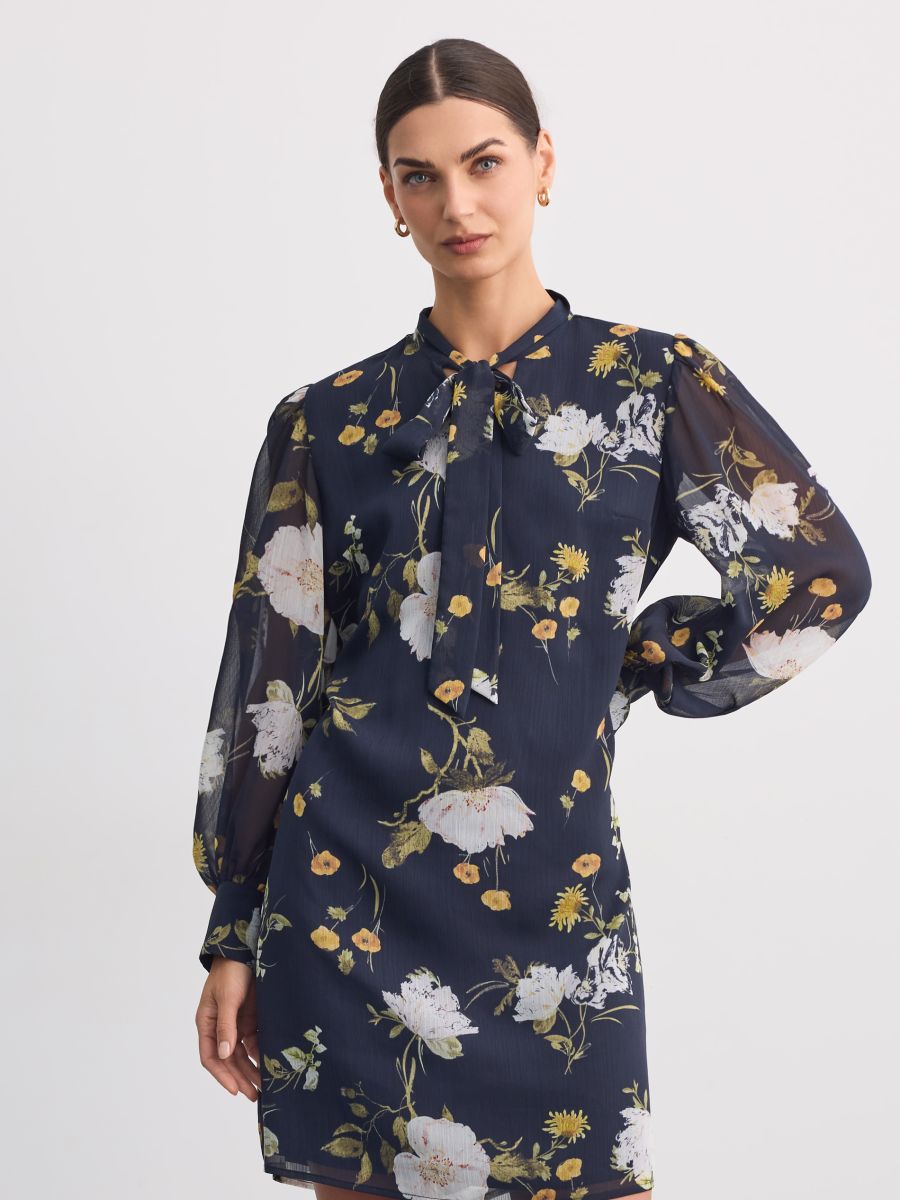 Rochie mini cu flori cu cordon Rochie mini cu flori cu cordon - Bleu marin - MOHITO