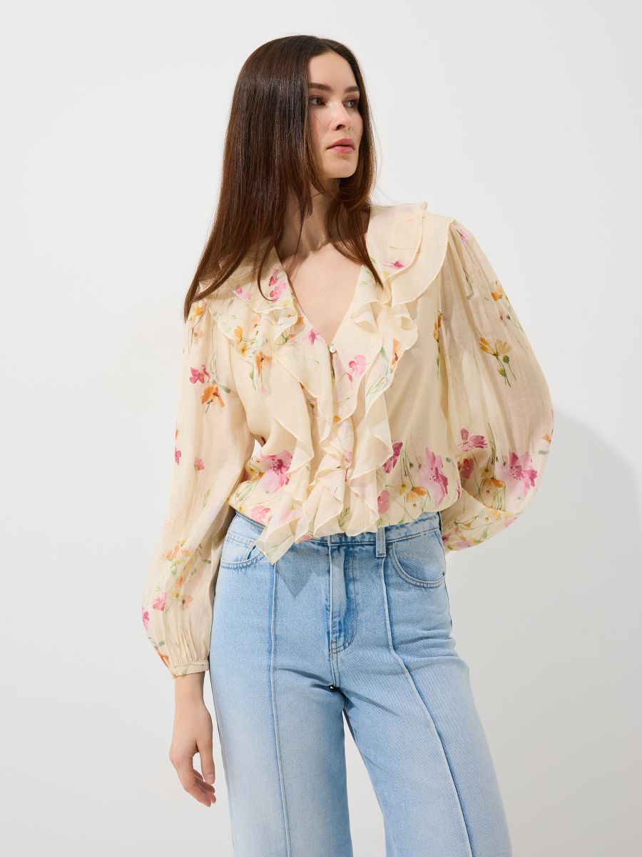 Kwiatowa bluzka z falbanami - żółty - MOHITO