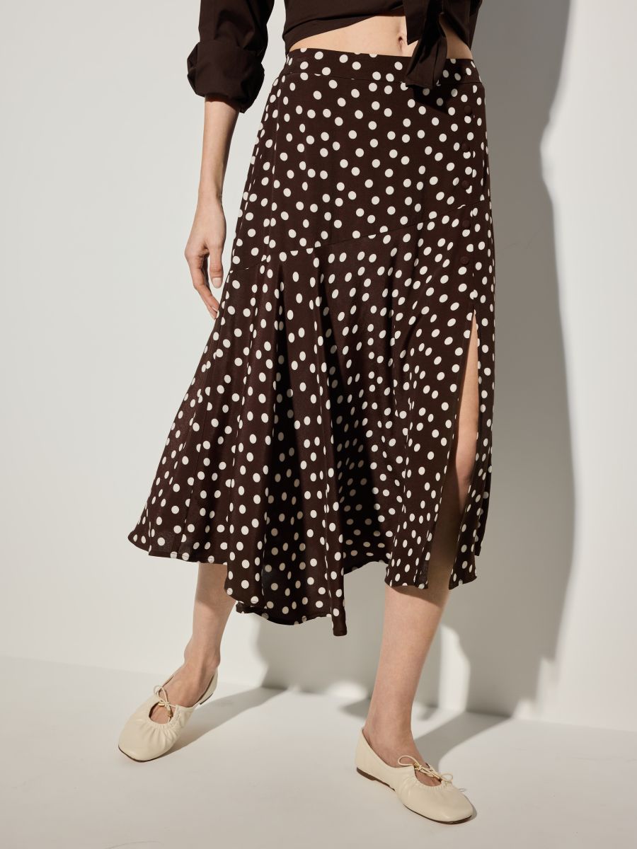 Brązowa spódnica midi w grochy - ciemnobrązowy - MOHITO