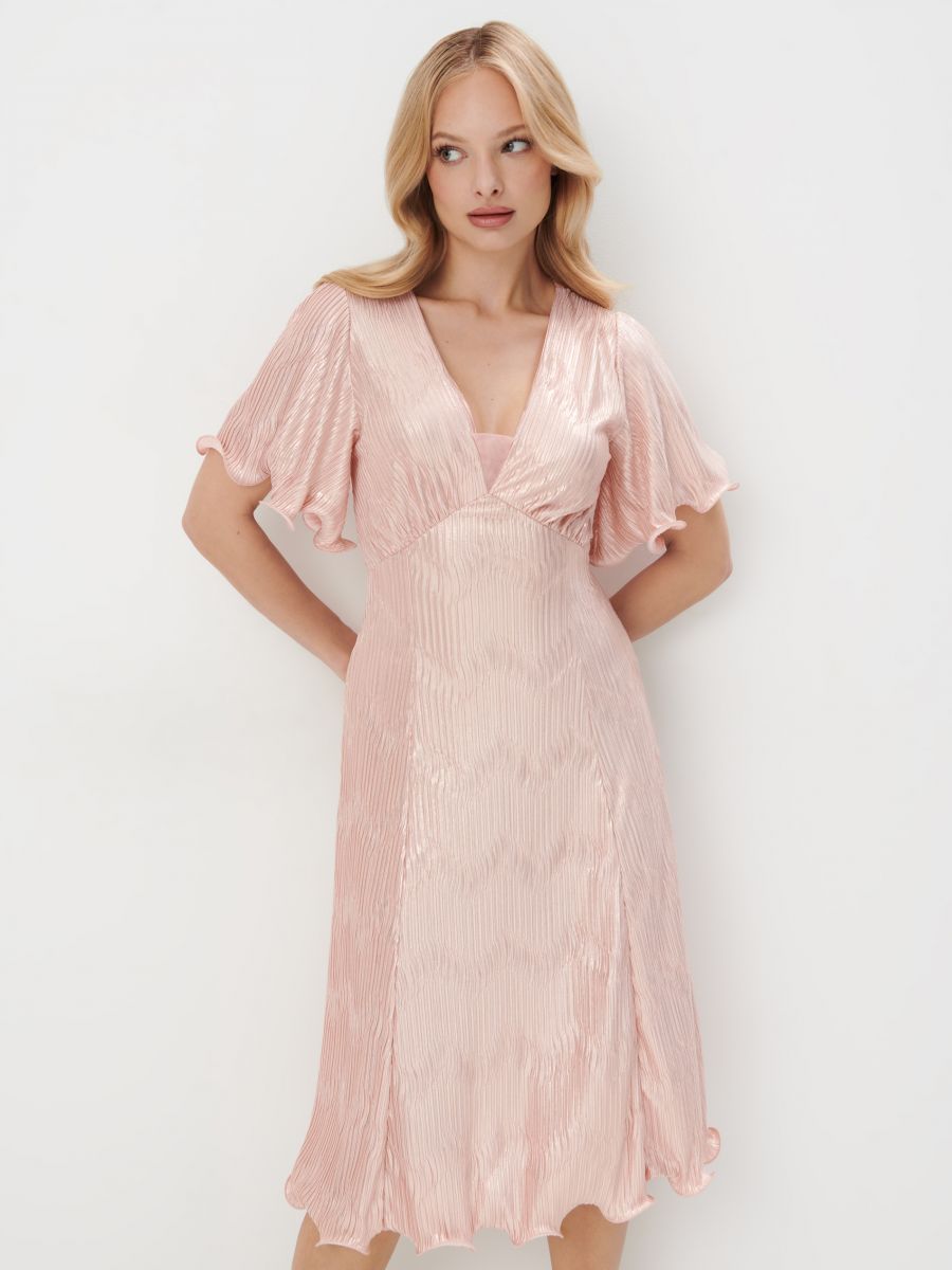 Pastelowa sukienka midi z krótkim rękawem - pastelowy różowy - MOHITO