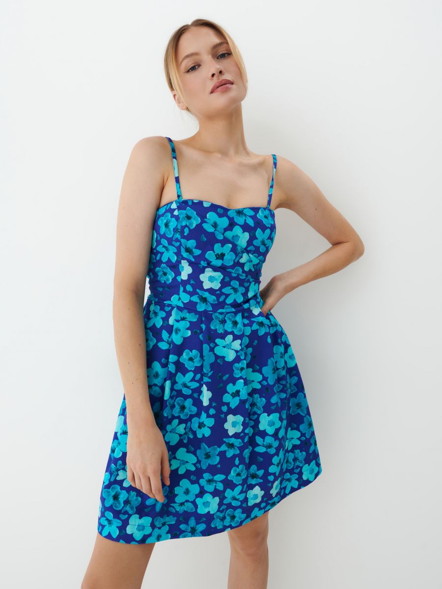 Niebieska sukienka mini w kwiaty, MOHITO, 0824R-56P