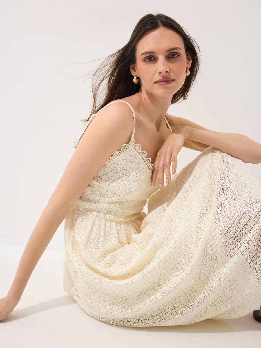 Rochie midi de dantelă - Ivory - MOHITO