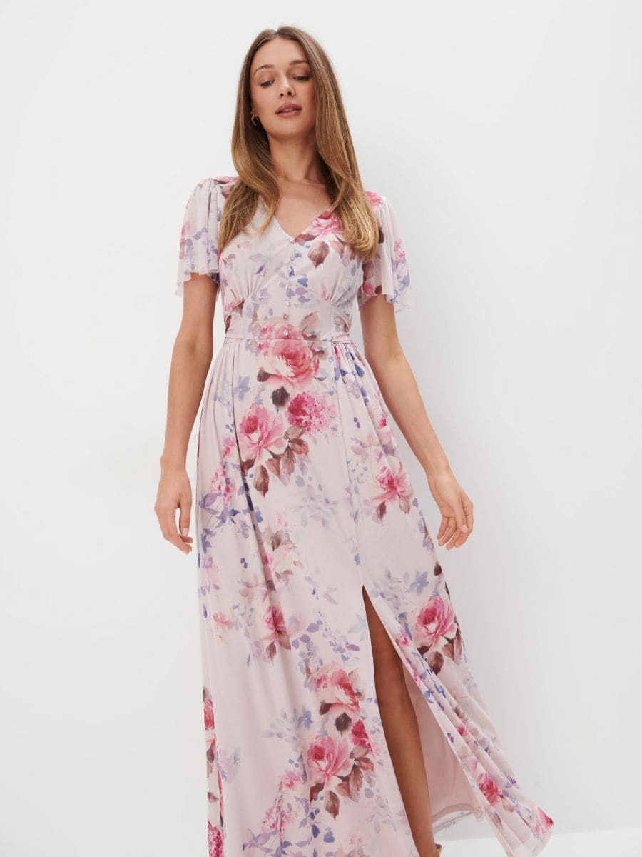 Jasnoróżowa sukienka maxi z krótkim rękawem - pastelowy różowy - MOHITO