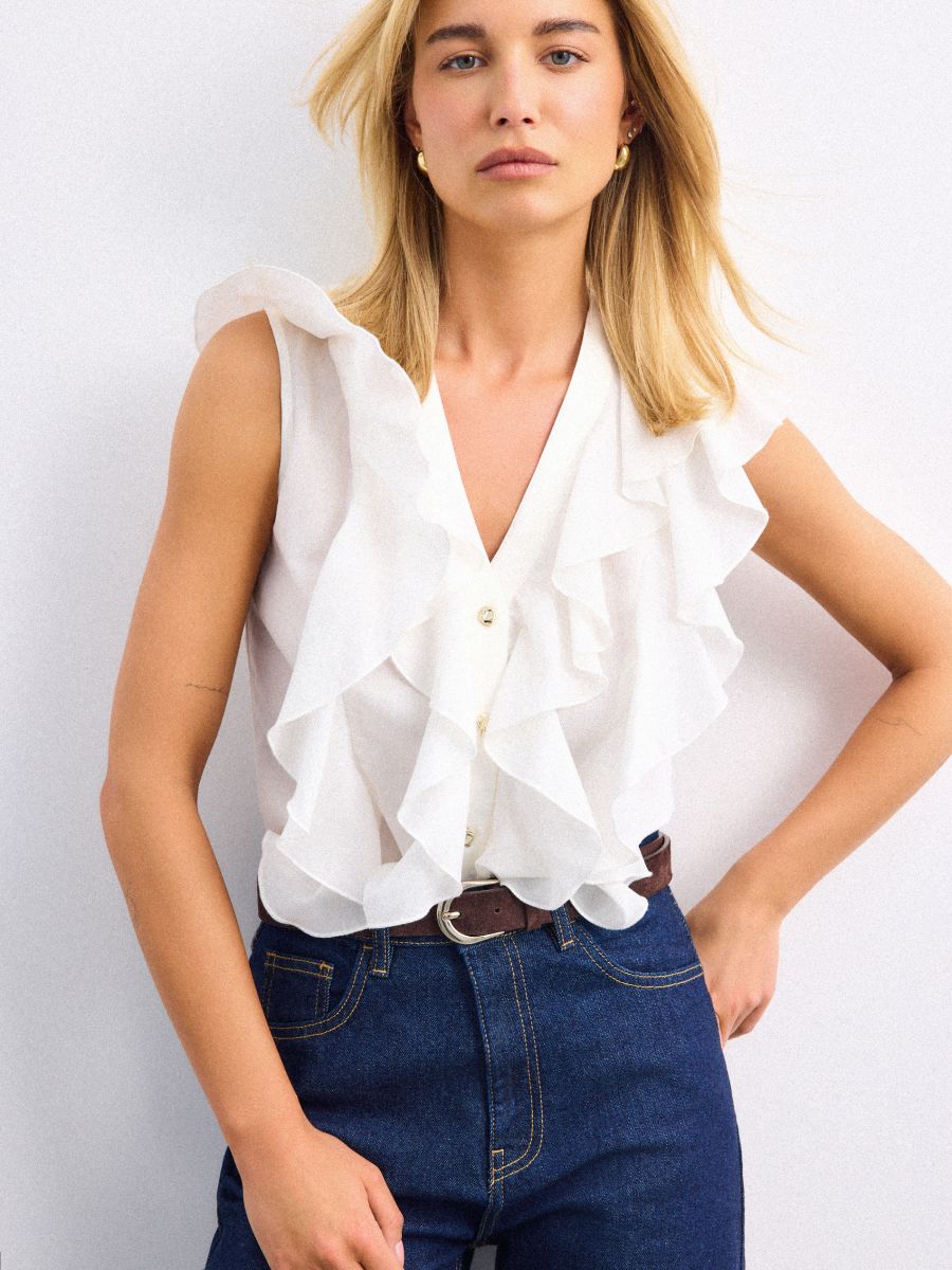 Bluzka z bawełny i lyocellu - kremowy - MOHITO