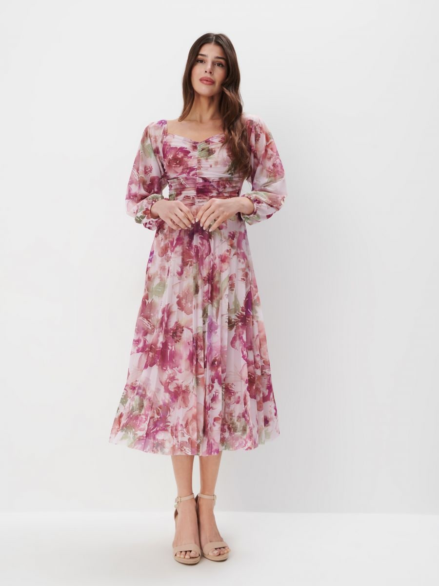 Różowa sukienka midi w kwiaty - fuksjowy - MOHITO