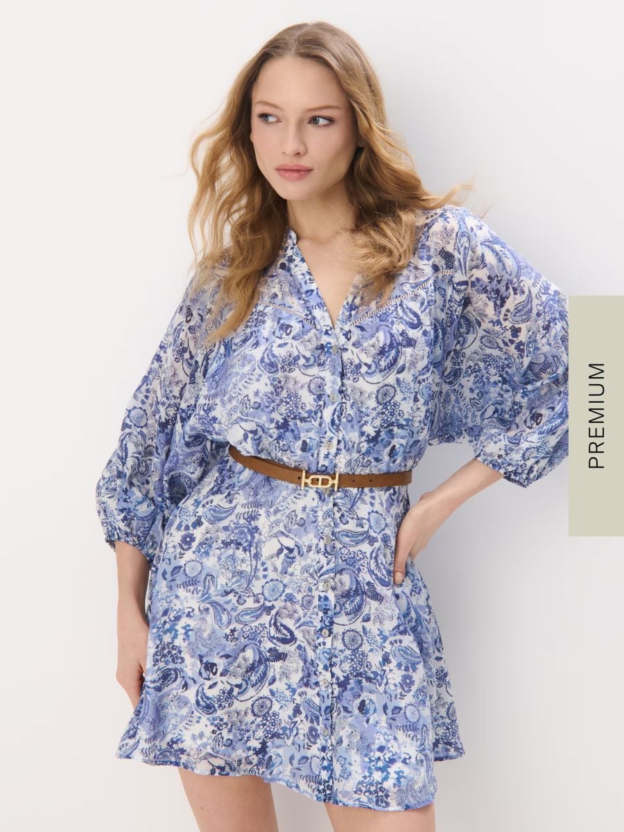 Rochie mini tip cămașă cu curea - Albastru - MOHITO