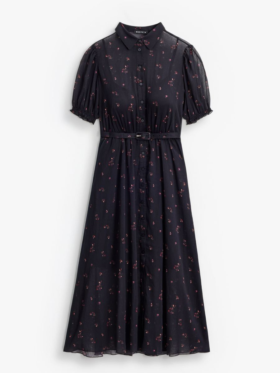 Rochie midi tip cămașă cu flori - Negru - MOHITO