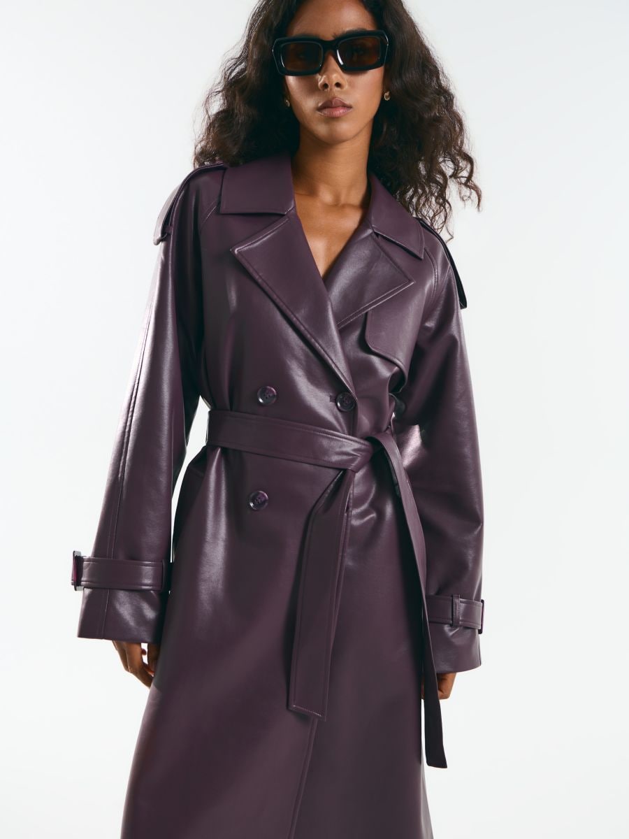 Dwurzędowy płaszcz z wiązaniem - mahoń - MOHITO