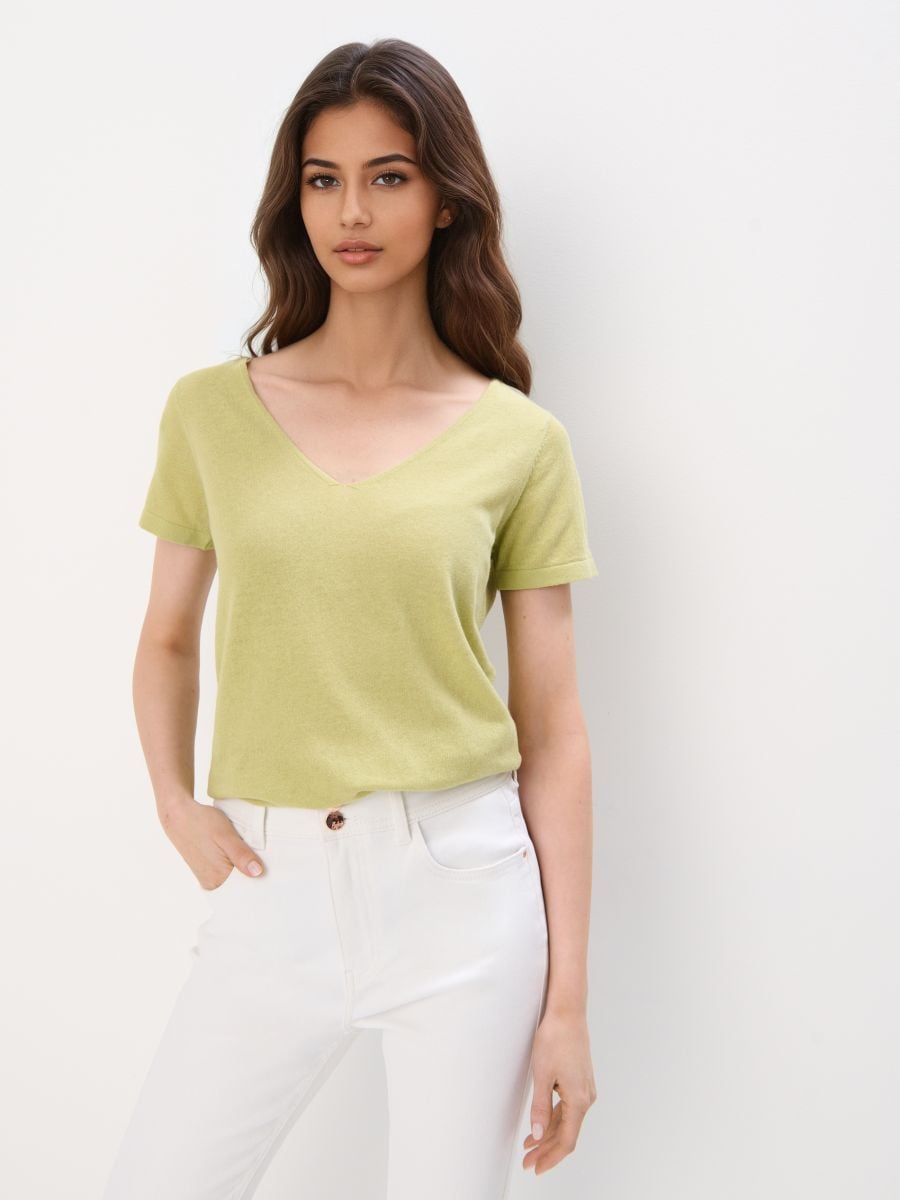 Jasnozielona bluzka z bawełny i lnu Jasnozielona bluzka z bawełny i lnu - zielony - MOHITO