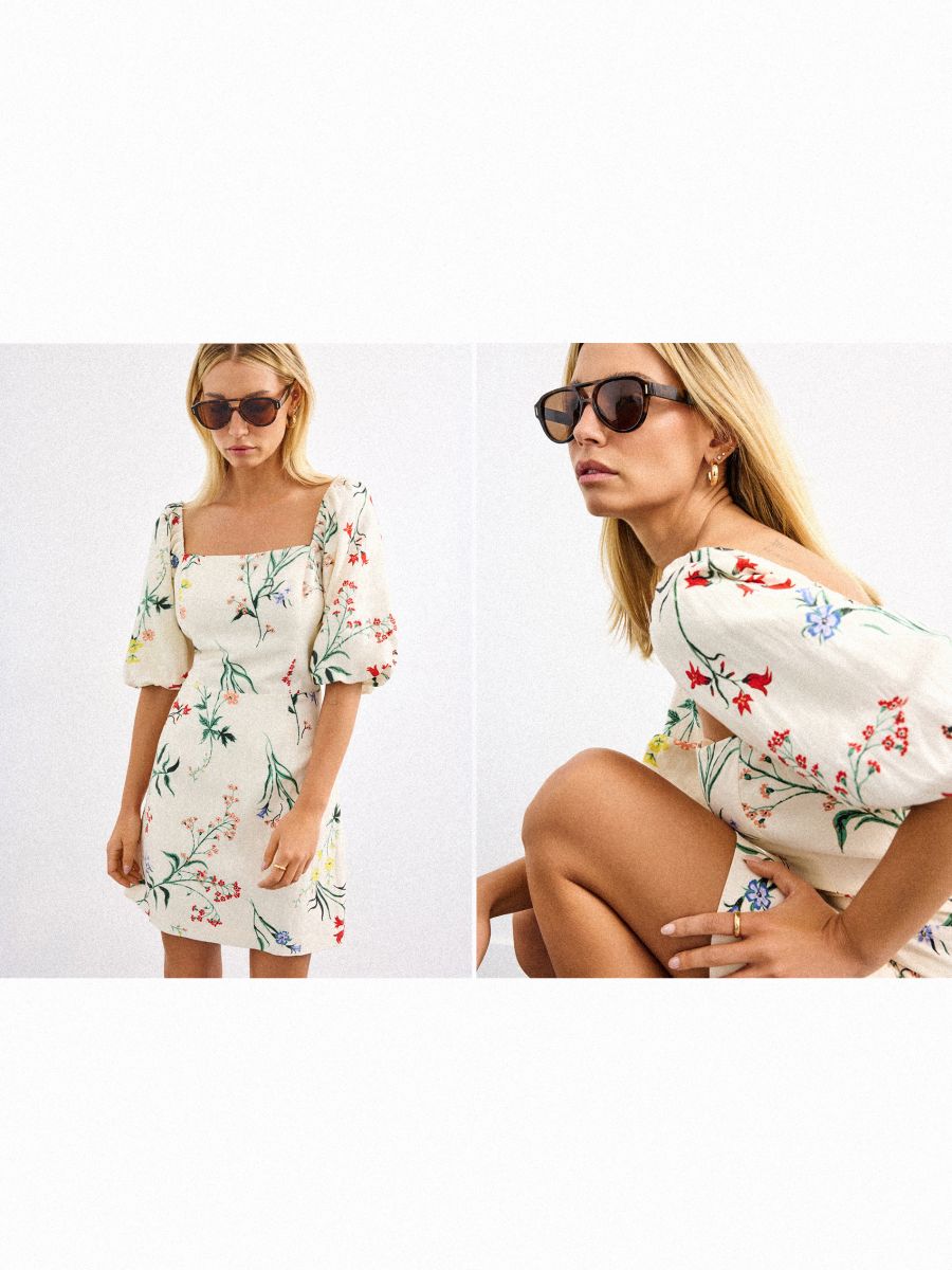 Sukienka mini z dekoltem karo - beżowy - MOHITO