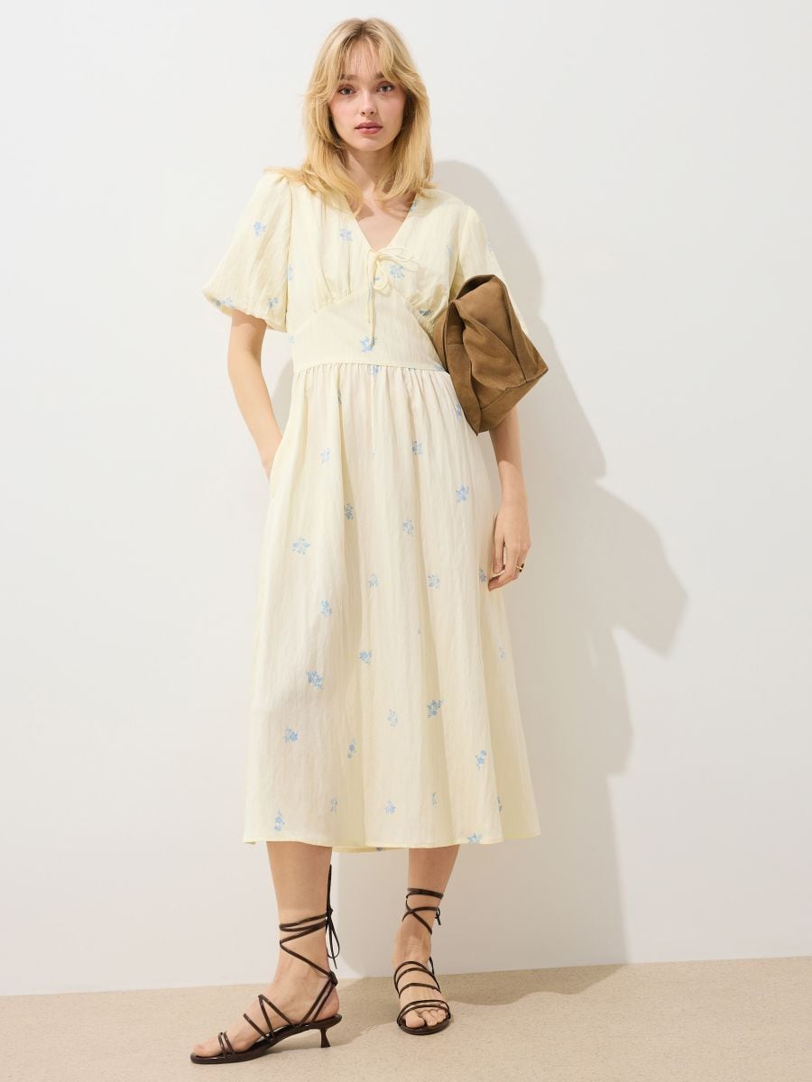 Sukienka midi z bufiastymi rękawami - żółty - MOHITO