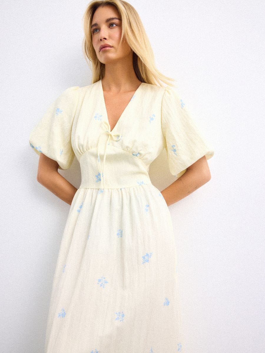 Rochie midi cu mâneci bufante - Galben - MOHITO