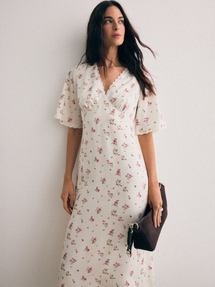 Rochie midi cu mânecă scurtă - Ivory - MOHITO