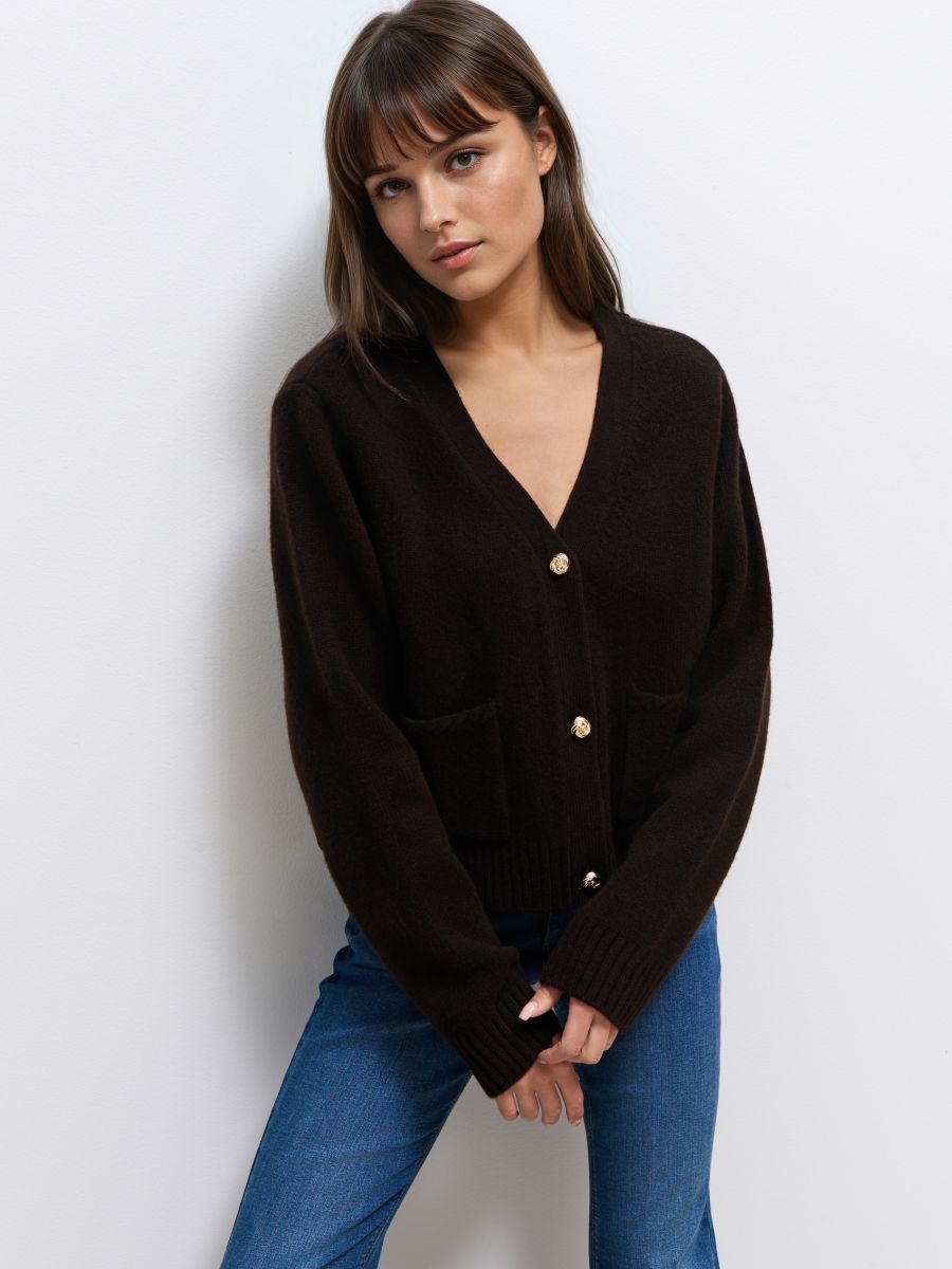 Wełniany ciemnobrązowy kardigan - brązowy - MOHITO
