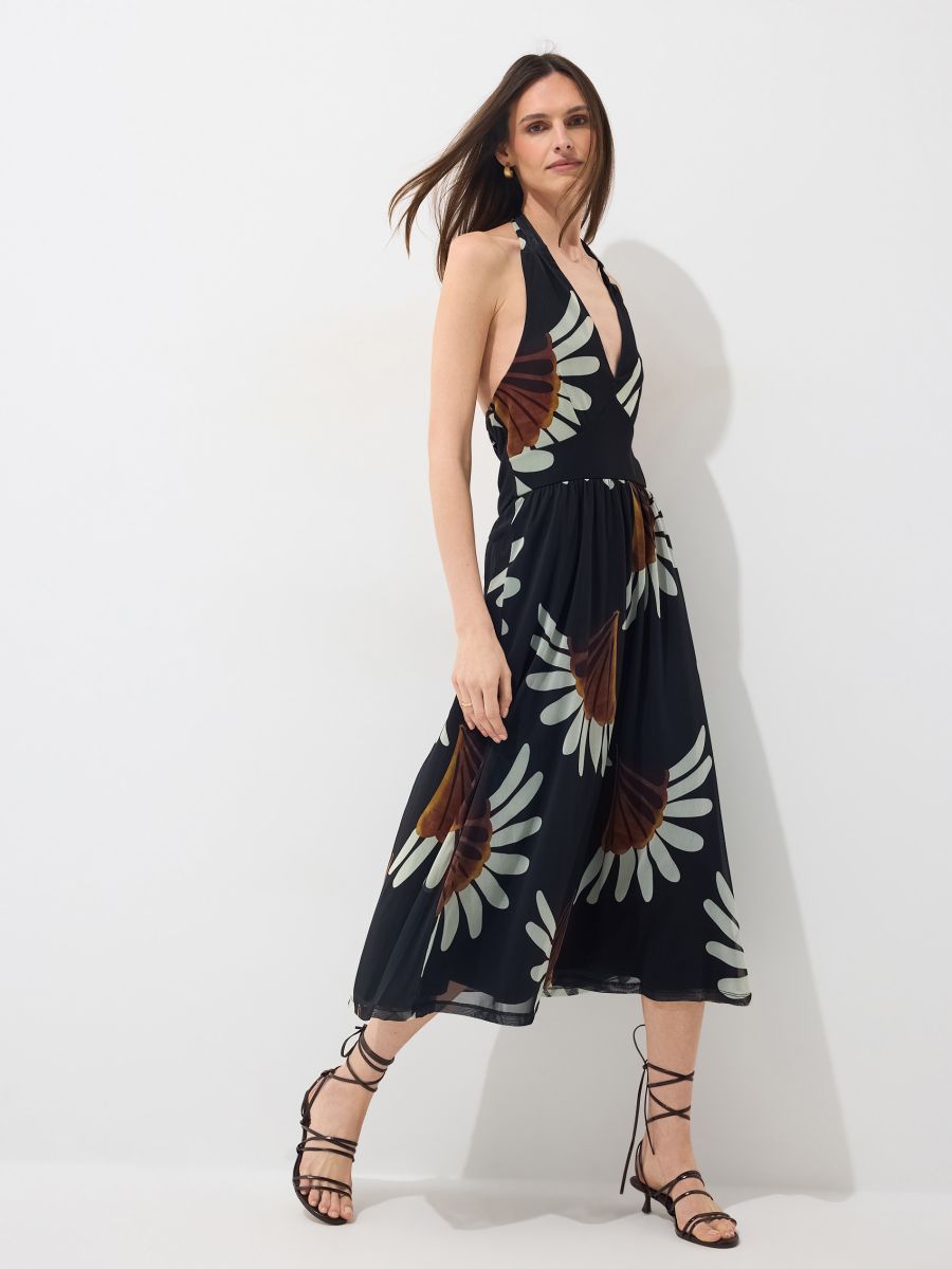 Sukienka midi z wiązaniem na szyi Sukienka midi z wiązaniem na szyi - czarny - MOHITO