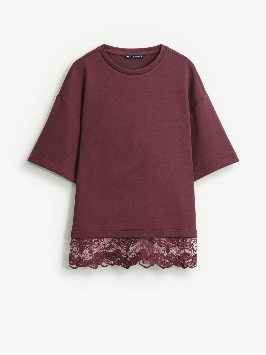 T-shirt z ozdobną koronką - mahoń - MOHITO