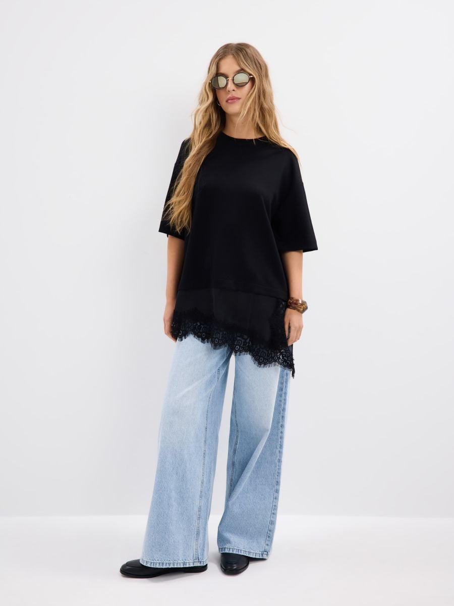 T-shirt z ozdobną koronką - czarny - MOHITO