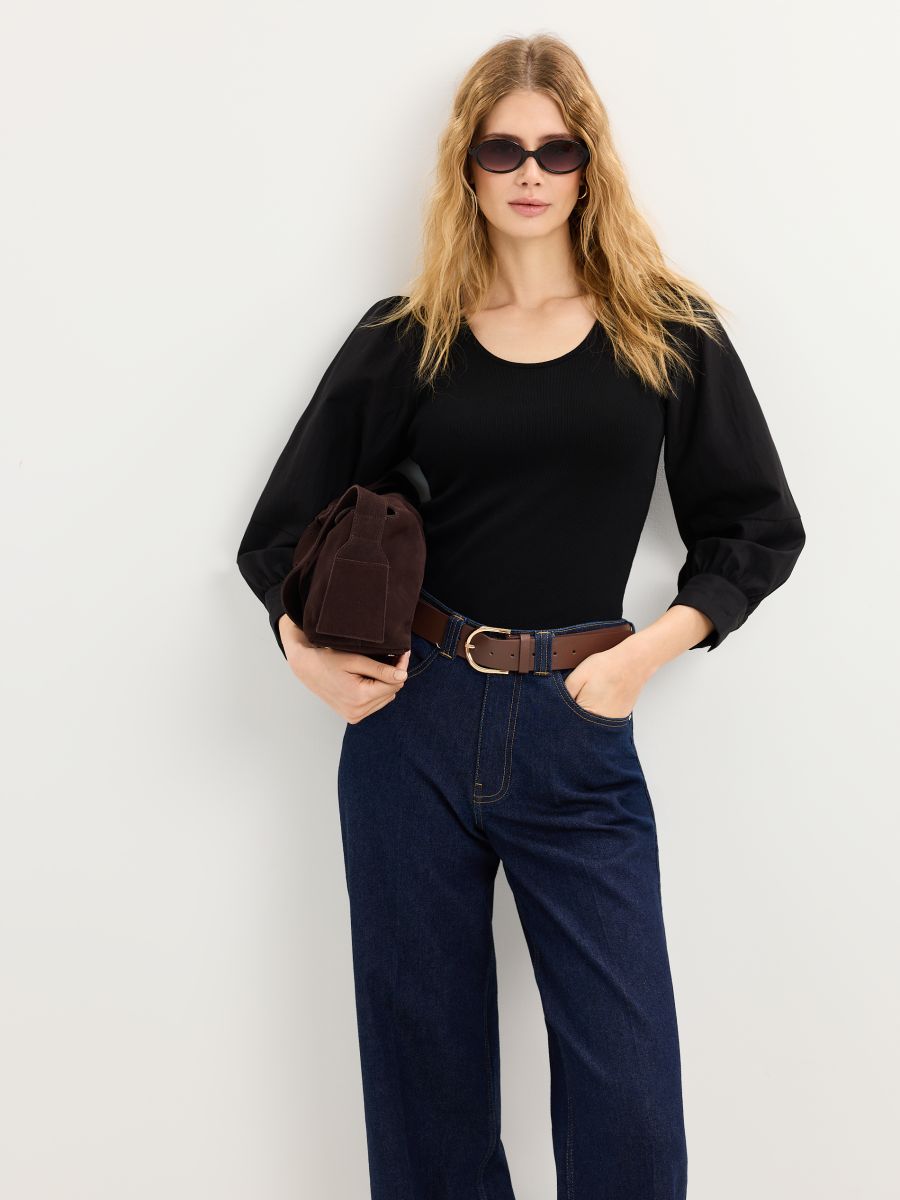 Czarna bluzka z bufiastymi rękawami - czarny - MOHITO