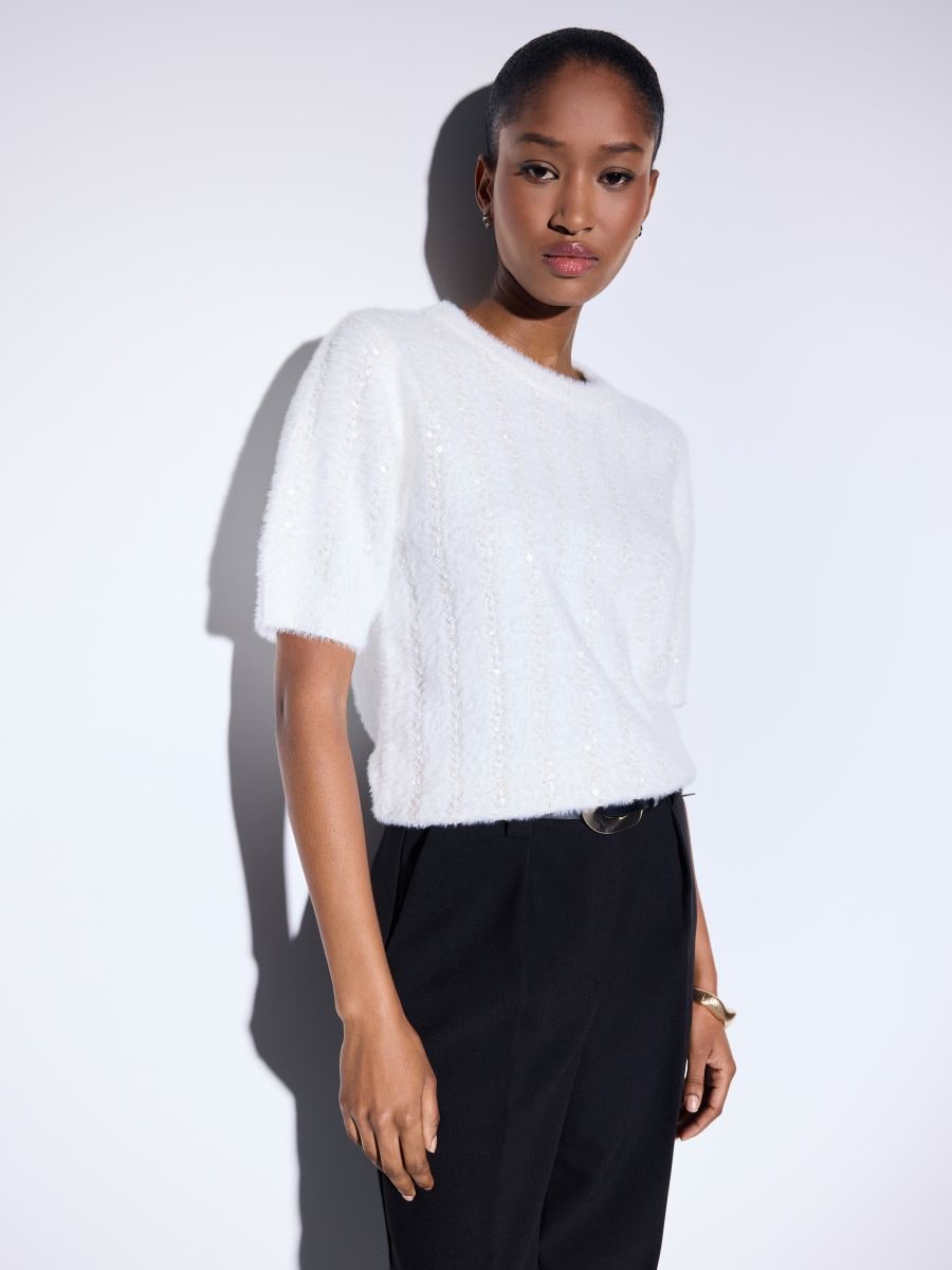 Pulover cu mânecă scurtă - Alb - MOHITO