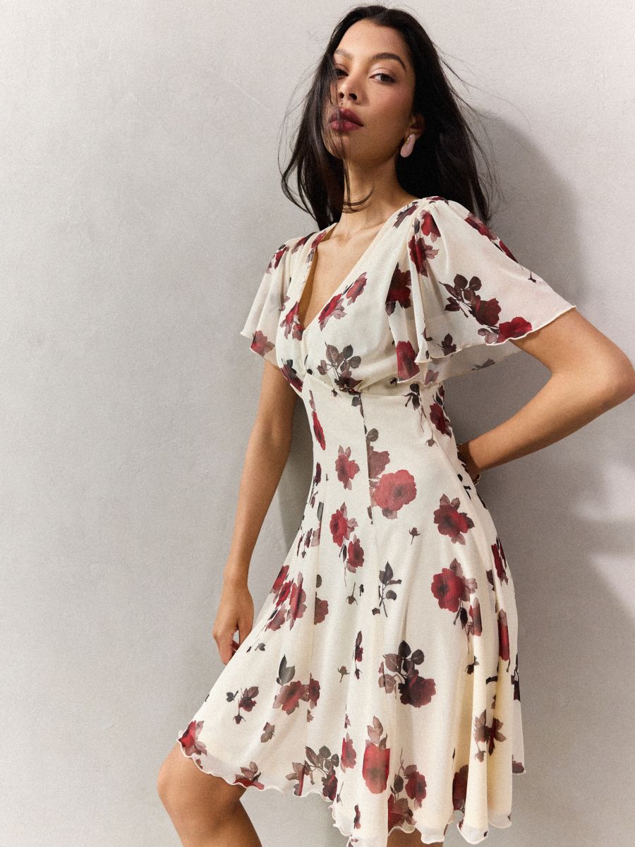 Rochie mini din tricot cu plasă - Beige - MOHITO