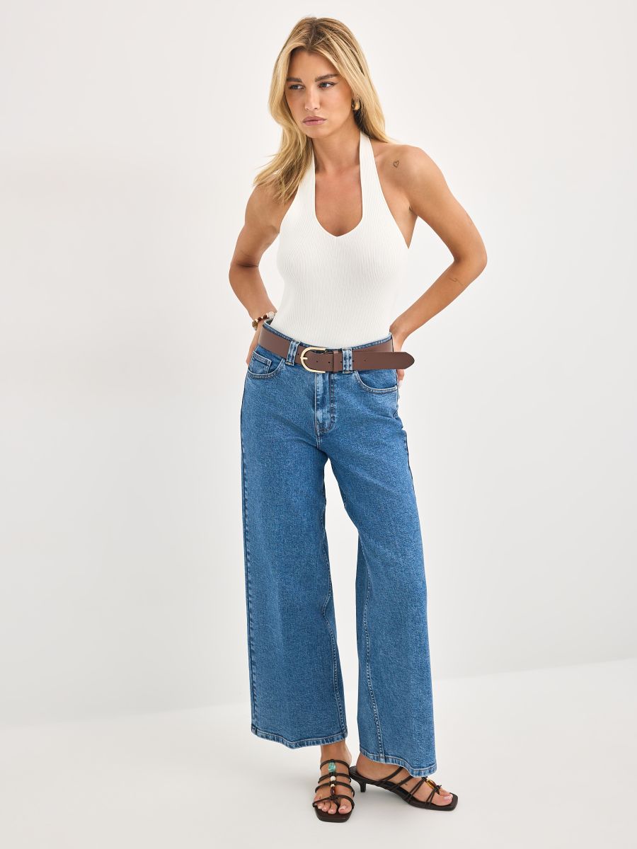 Jeansy wide leg z paskiem petite - niebieski - MOHITO