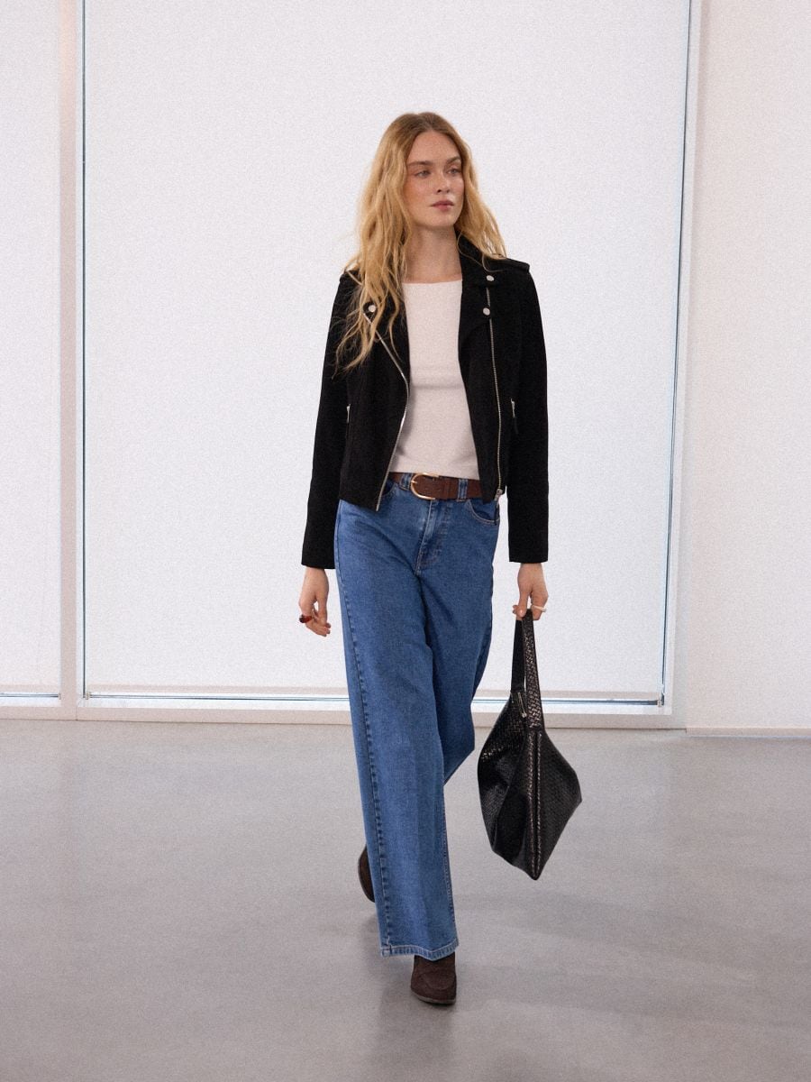 Jeansy wide leg z paskiem - niebieski - MOHITO