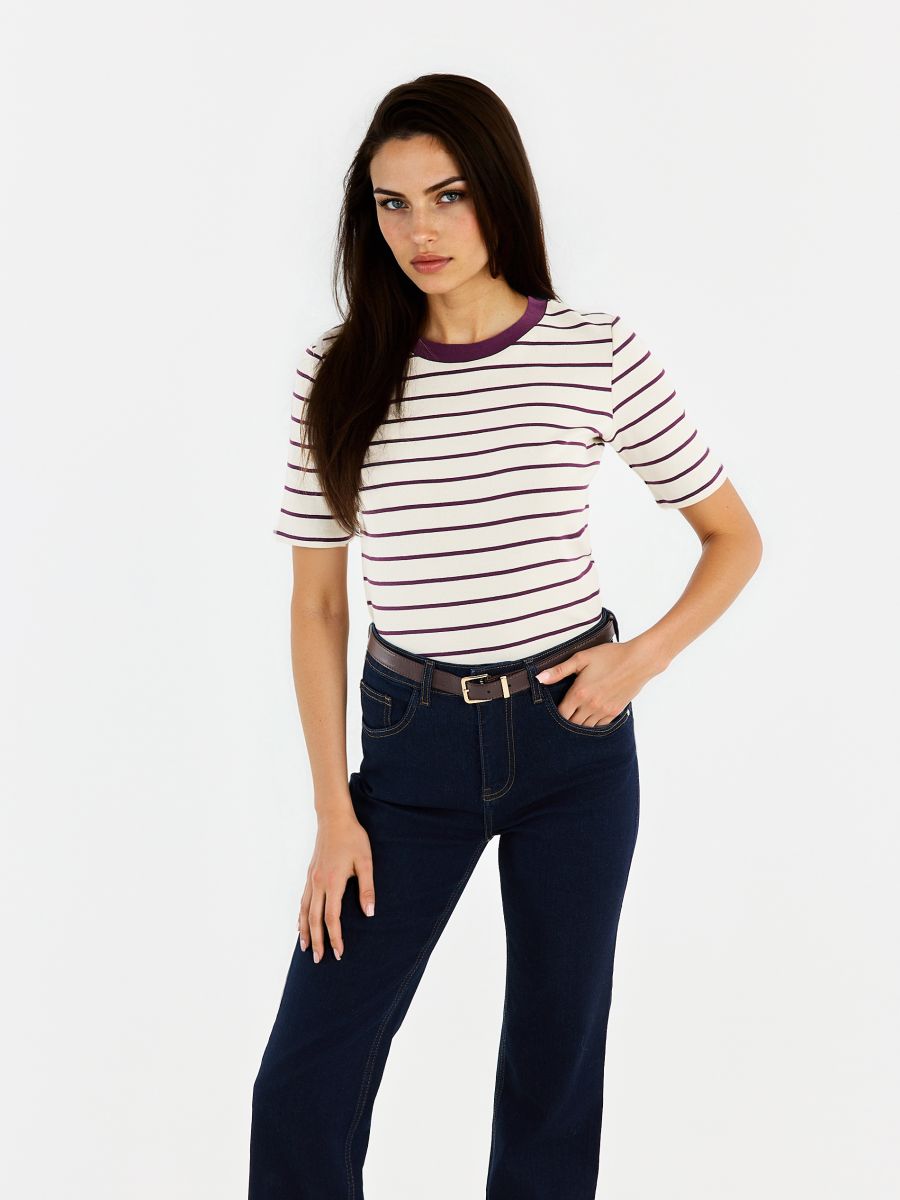 Bawełniany t-shirt w paski - ciemny fiolet - MOHITO