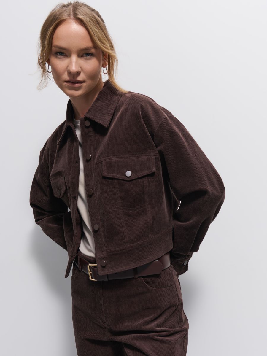 【新品】GOOD SQUISH BADLANDS BROWN SILK Sztruksowa kurtka Kolor ciemnobrązowy - MOHITO - 671GX-89X
