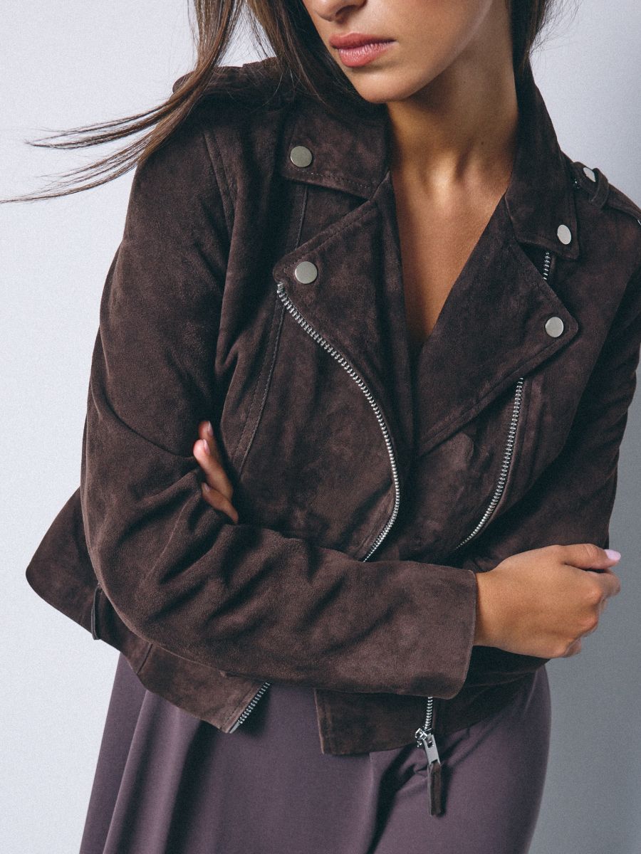 Skórzana brązowa ramoneska - ciemnobrązowy - MOHITO