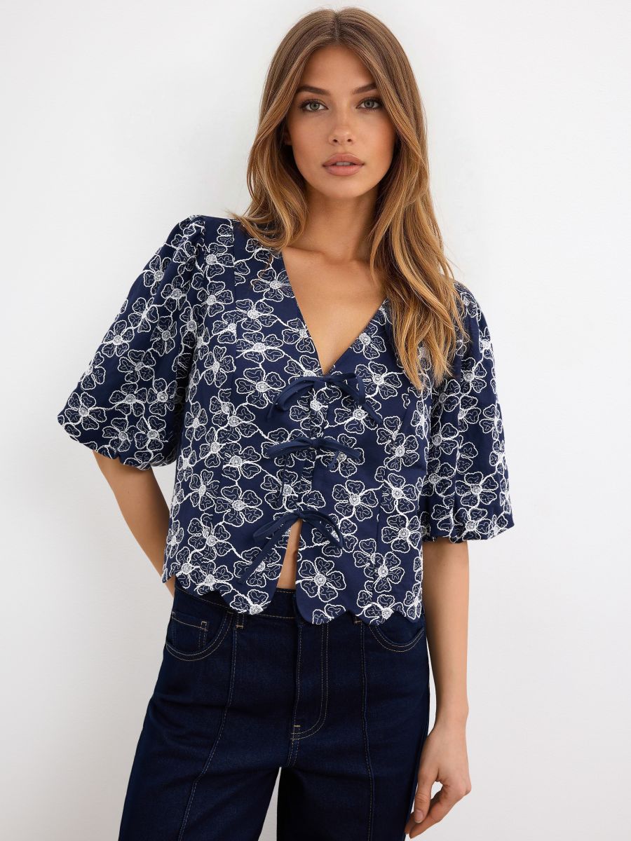 Bluzka z wiązaniami - granatowy - MOHITO