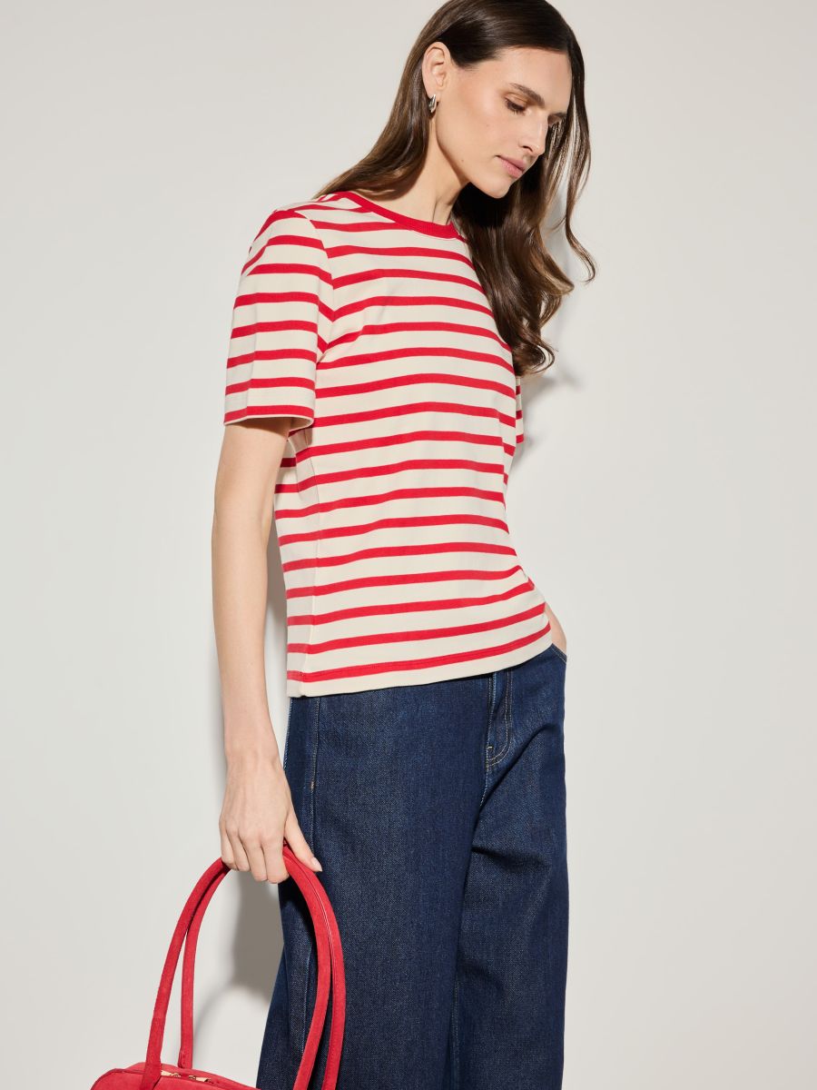 T-shirt z merceryzowanej bawełny w czerwone paski - czerwony - MOHITO