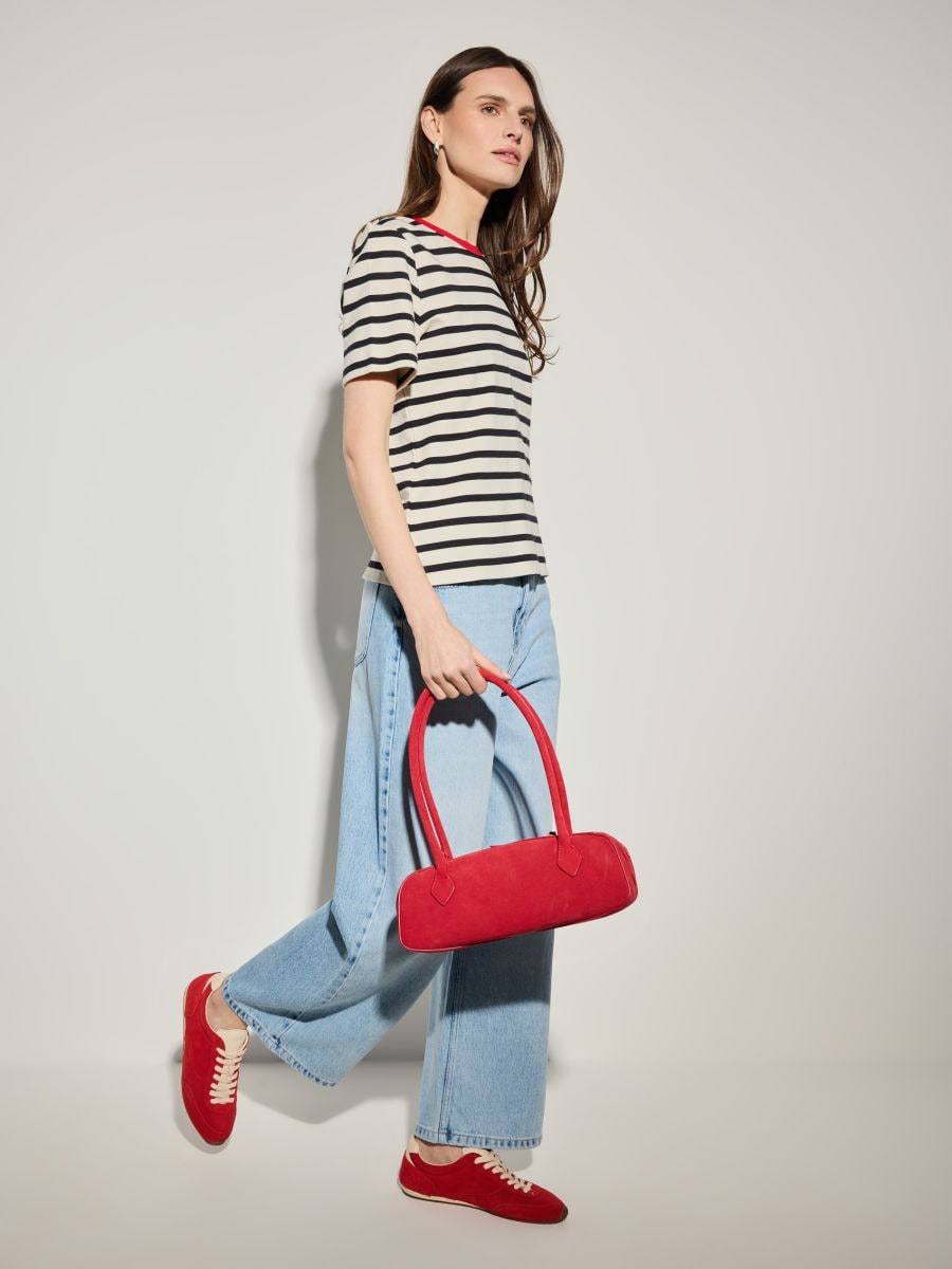 T-shirt z merceryzowanej bawełny w paski T-shirt z merceryzowanej bawełny w paski - czarny - MOHITO