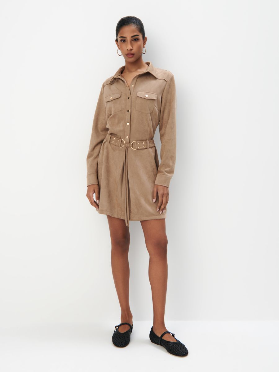 Rochie mini tip cămașă - Beige - MOHITO