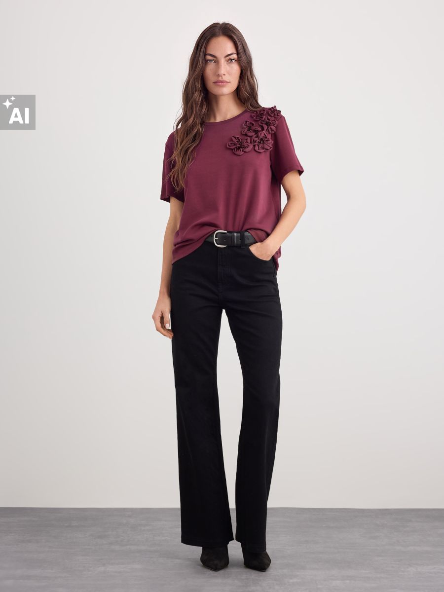 T-shirt z ozdobną aplikację kwiatową - czerwony - MOHITO