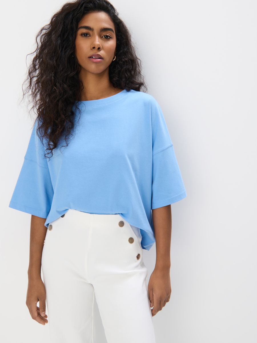 Bawełniany błękitny t-shirt - błękitny - MOHITO