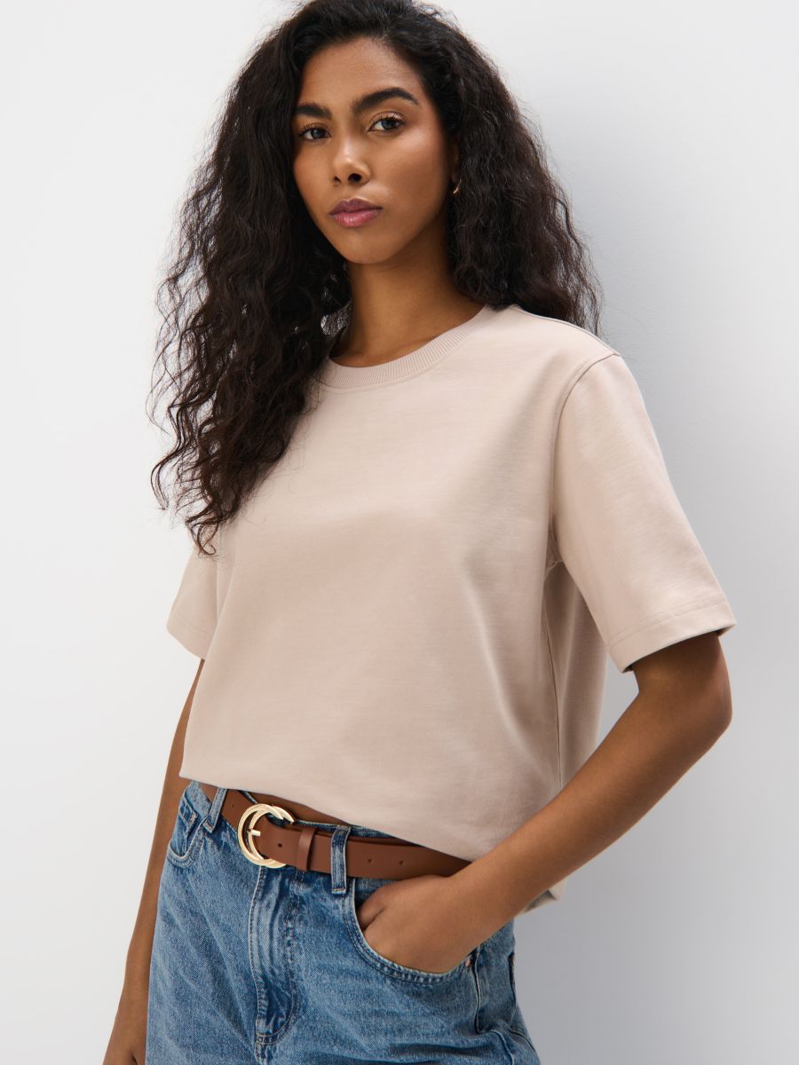 Bawełniana beżowa koszulka - szary - MOHITO