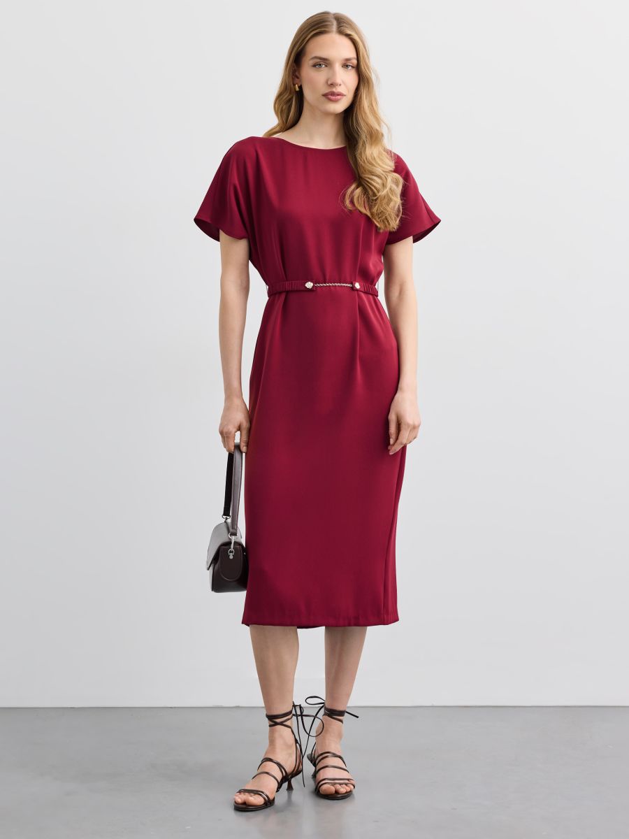 Sukienka midi z paskiem - kasztanowy - MOHITO