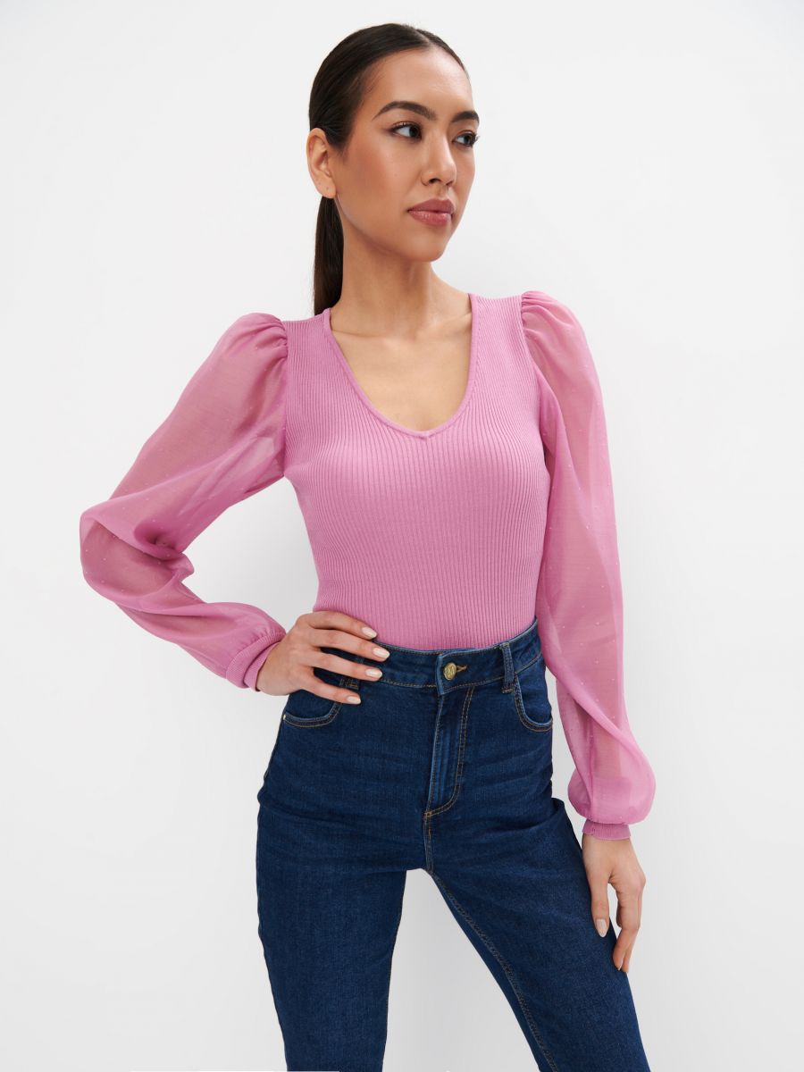 Różowa bluzka z bufiastymi rękawami - różowy - MOHITO