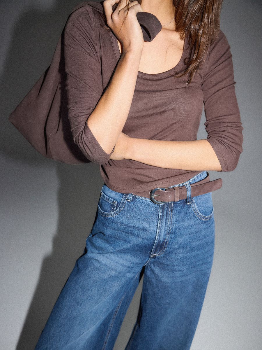 Skórzany pasek - ciemnobrązowy - MOHITO