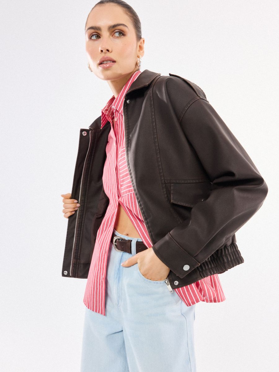 Kurtka typu biker - ciemnobrązowy - MOHITO