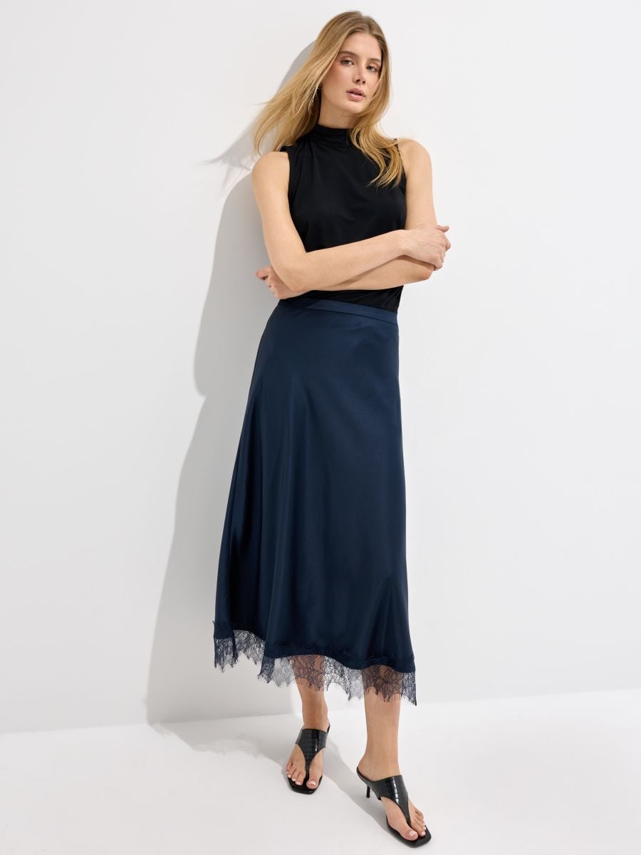 Satynowa granatowa spódnica midi - granatowy - MOHITO