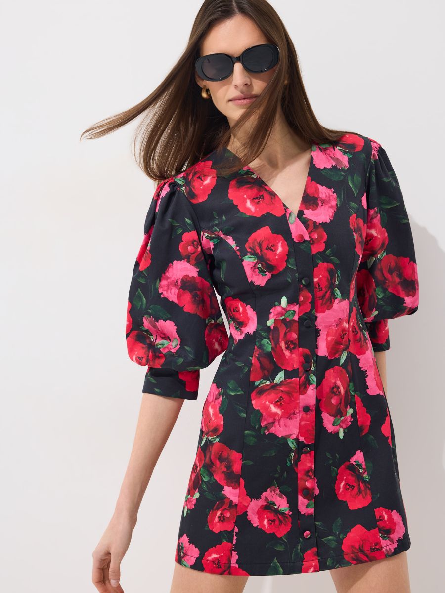 Rochie mini cu mâneci bufante - Negru - MOHITO