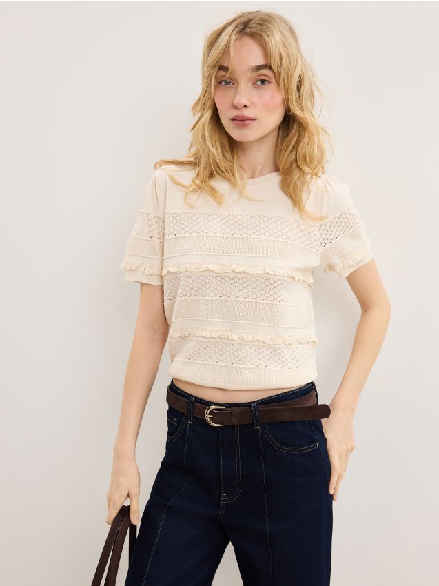 Mohito - Пуловер с къс ръкав - кремaво