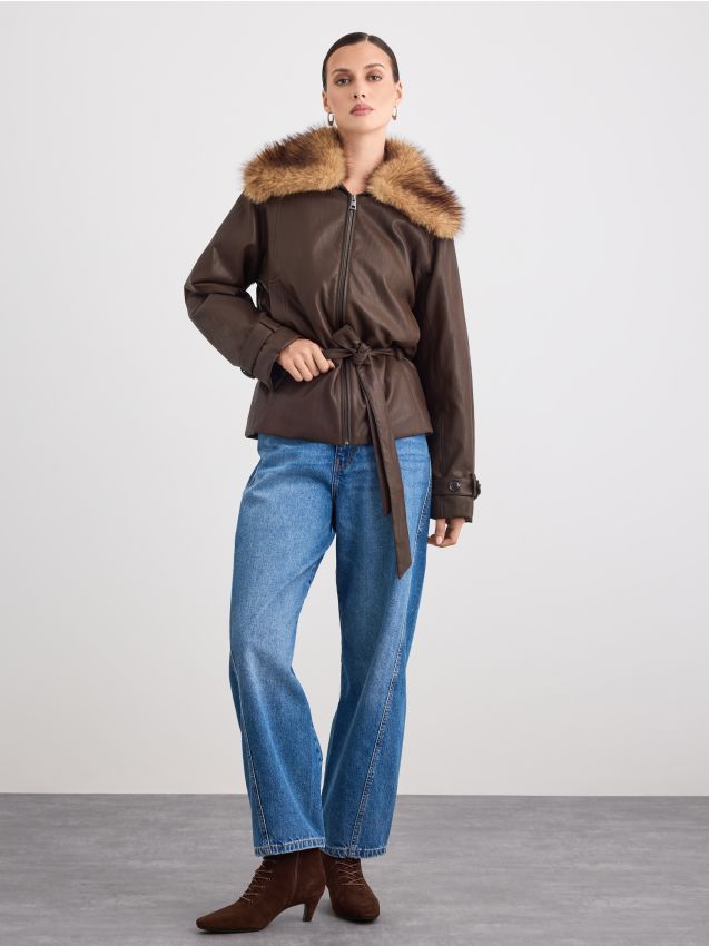 Mohito - Jacke mit Webpelzkragen - Dunkelbraun