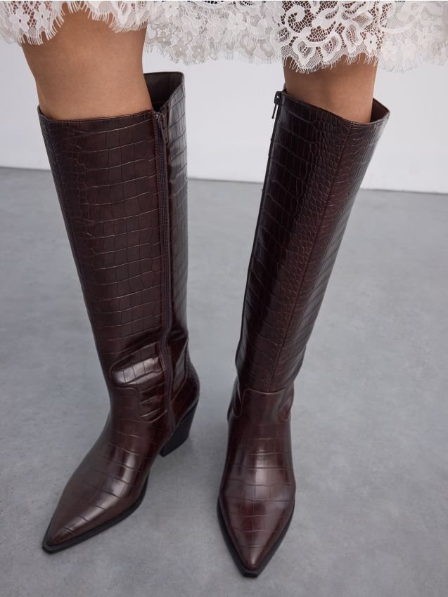 Botine peste genunchi cu toc gros