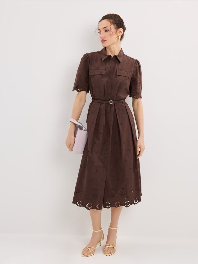 Mohito - Midi haljina-košulja s remenom - tamno smeđa
