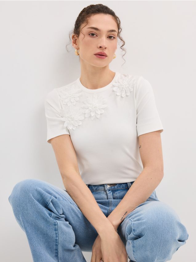 Mohito - Тениска с апликация - кремaво